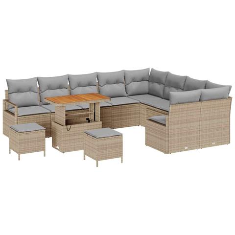 Set di divani da giardino  12 pezzi con cuscini beige polyrattan acacia, Set da pranzo da giardino  3 pezzi con cuscini beige polyrattan acacia, Divano da giardino a 2 posti  con cuscini beige polyrattan - Foto 1