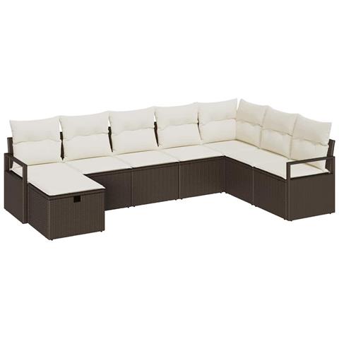 Set di divano da giardino con cuscini  8 pezzi marrone polyrattan, Divano da giardino a 2 posti con contenitore e cuscini marrone polyrattan - Foto 1