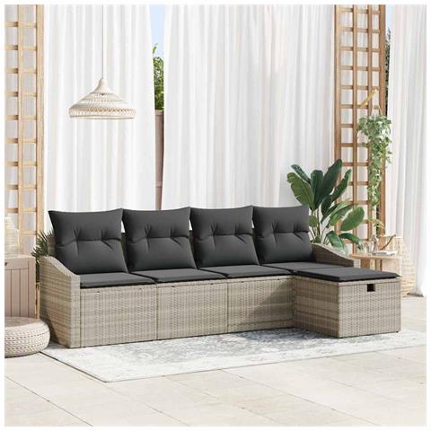 Set Divano da Giardino 5 Pezzi con Cuscini Grigio Chiaro Polyrattan - Foto 2