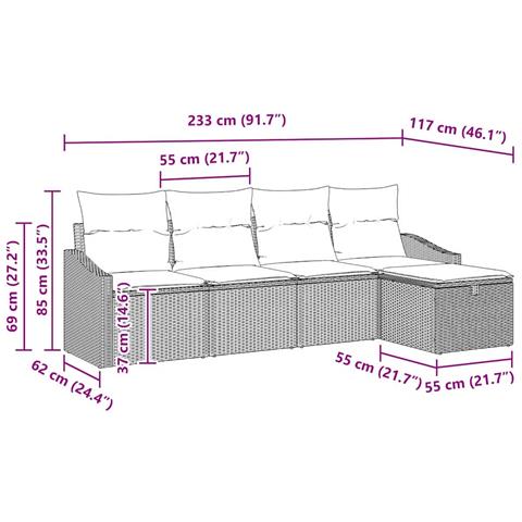 Set Divano da Giardino 5 Pezzi con Cuscini Grigio Chiaro Polyrattan - Foto 9