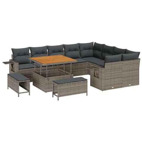 Set Divano da Giardino di 12 Pezzi con Cuscini Grigio Rattan Sintetico Acacia, Set da Pranzo da Giardino di 3 Pezzi con Cuscini Grigio Rattan Sintetico Acacia - Foto 1