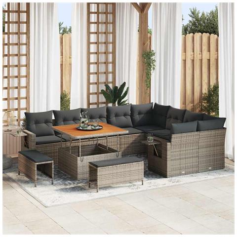 Set Divano da Giardino di 12 Pezzi con Cuscini Grigio Rattan Sintetico Acacia, Set da Pranzo da Giardino di 3 Pezzi con Cuscini Grigio Rattan Sintetico Acacia - Foto 2