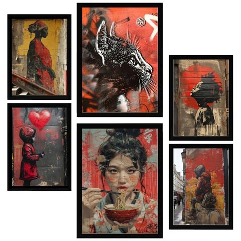 Set Di 6 Stampe Dipinto Decorativo Street Art Rosso Nero E Giallo Graffiti Banksy Incorniciato Con Illustrazioni A3 & A4 Cornice Nera - Foto 1