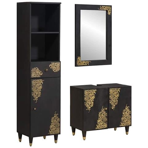 Set di Armadi da Bagno 3 pcs Nero Legno di mango massello - Foto 1