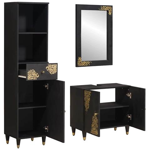 Set di Armadi da Bagno 3 pcs Nero Legno di mango massello - Foto 2