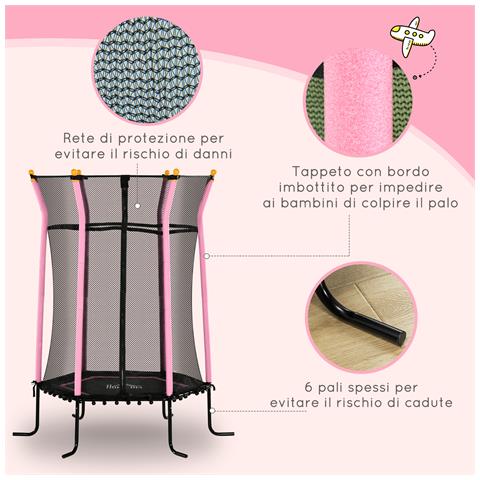 Tappeto Elastico per Bambini con Ingresso a Cerniera e Pali Imbottiti, in Acciaio, PP e EPE, Ø163.5x190 cm, Rosa - Foto 6