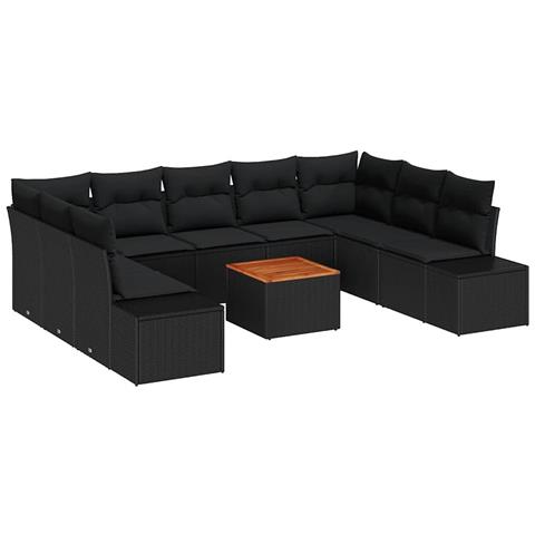 Set di Divani da Giardino da 10 Pezzi con Cuscini in Polyrattan Nero e Acacia - Foto 1