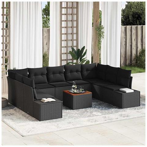 Set di Divani da Giardino da 10 Pezzi con Cuscini in Polyrattan Nero e Acacia - Foto 2