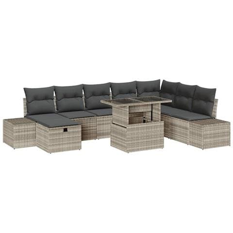 Set divani giardino da 9 pezzi con cuscini in polyrattan grigio chiaro - Foto 1