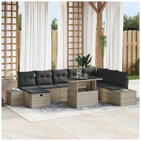 Set divani giardino da 9 pezzi con cuscini in polyrattan grigio chiaro - Foto 2