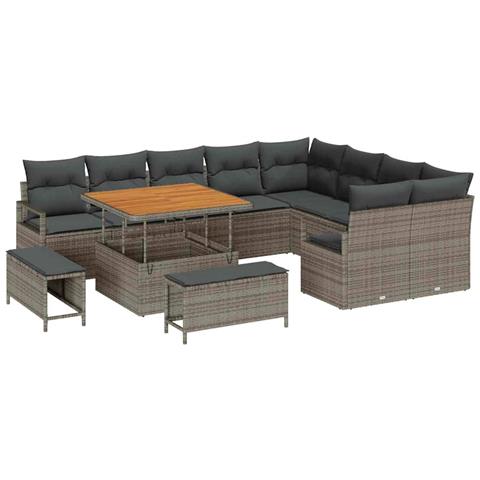 Set divano da giardino di 12 pezzi con cuscini in polyrattan grigio e acacia, Set da pranzo da giardino di 3 pezzi con cuscini in polyrattan grigio e acacia, Divano da giardino per due persone con cuscini in polyrattan grigio - Foto 1