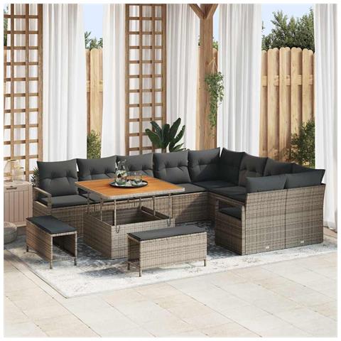 Set divano da giardino di 12 pezzi con cuscini in polyrattan grigio e acacia, Set da pranzo da giardino di 3 pezzi con cuscini in polyrattan grigio e acacia, Divano da giardino per due persone con cuscini in polyrattan grigio - Foto 2