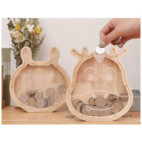 Salvadanaio Legno A Forma Di Testa Di Tigre Con Fronte In Plexiglass, Beige - Foto 2