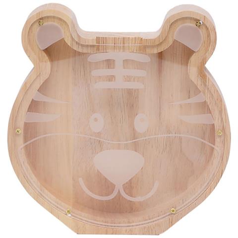 Salvadanaio Legno A Forma Di Testa Di Tigre Con Fronte In Plexiglass, Beige - Foto 1