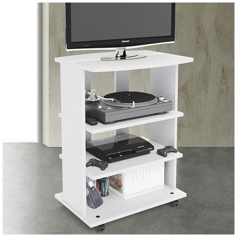 Mobile Tv In Legno Con 3 Ripiani E Ruote Mobiletto Carrello Televisore Bianco - Foto 2