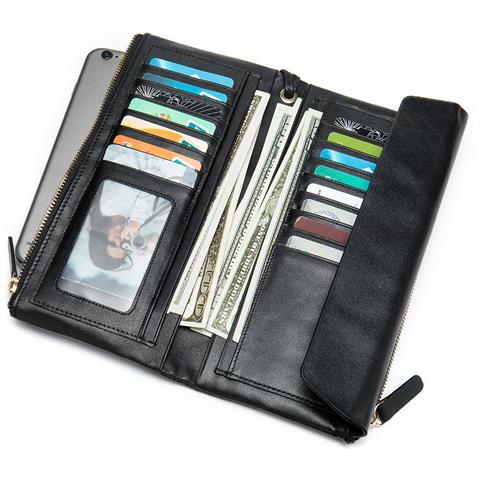 Portafoglio Lungo Di Lusso In Vera Pelle Per Donna Pochette Sottile Rfid Black - Foto 2