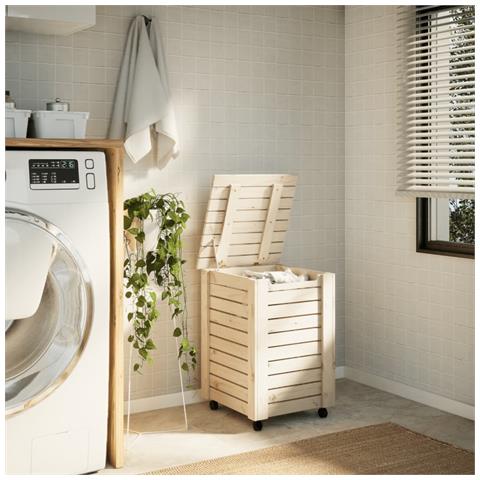 Cesta Biancheria Con Ruote Rana 45x45x64 Cm Legno Massello Pino - Foto 2