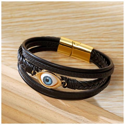 Bracciale In Pelle Intrecciata Fatto A Mano Per Uomo - Nero - Foto 5