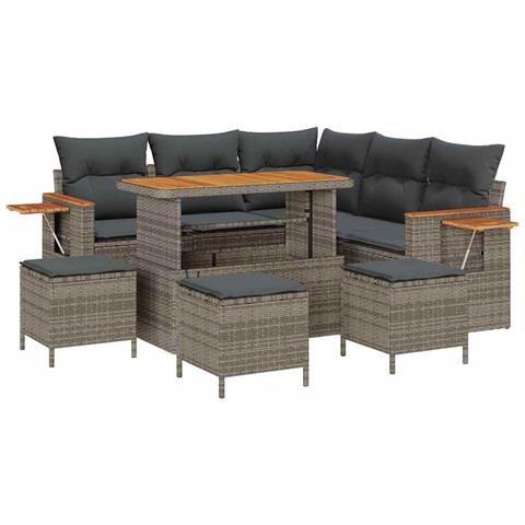 Set Divano da Giardino 9 pezzi con Cuscini Grigio Rattan Poliestere, Set da Pranzo da Giardino 4 pezzi con Cuscini Grigio Rattan Poliestere - Foto 1