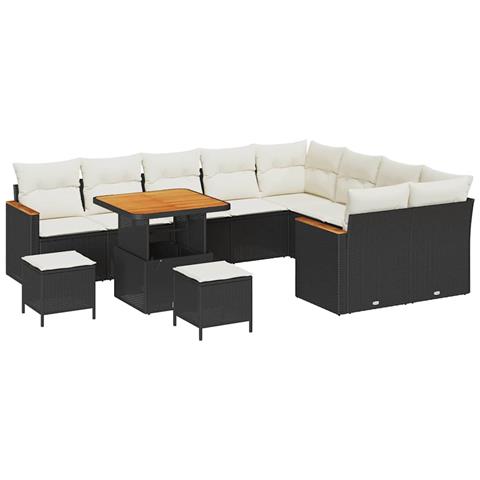 Set divano da giardino di 12 pezzi con cuscini Nero Polyrattan Acacia, Set pranzo da giardino di 3 pezzi con cuscini Nero Polyrattan Acacia - Foto 1