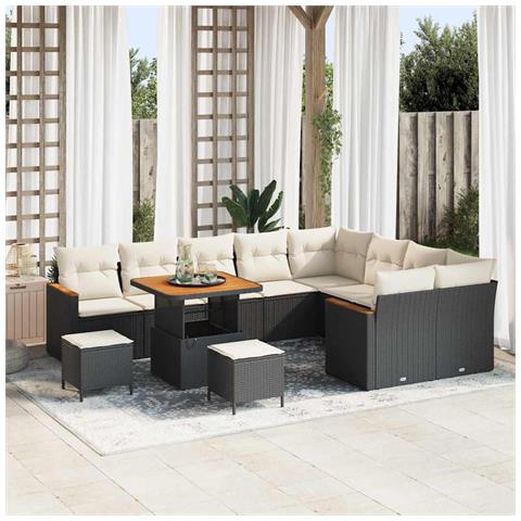 Set divano da giardino di 12 pezzi con cuscini Nero Polyrattan Acacia, Set pranzo da giardino di 3 pezzi con cuscini Nero Polyrattan Acacia - Foto 2