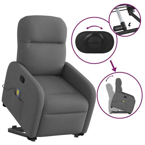 Poltrona Alzapersona Massaggi Reclinabile Grigio Scuro Tessuto - Foto 9