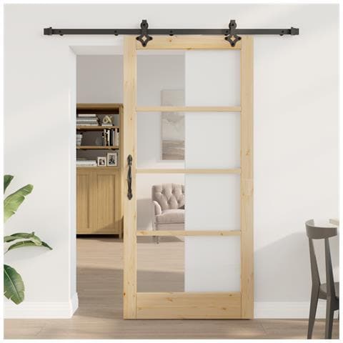 Porta scorrevole  con set di hardware 'ORKDAL'in legno massello e vetro, Porta interna  con vetro 'ORKDAL'93x202x4 cm in legno massello di pino - Foto 2