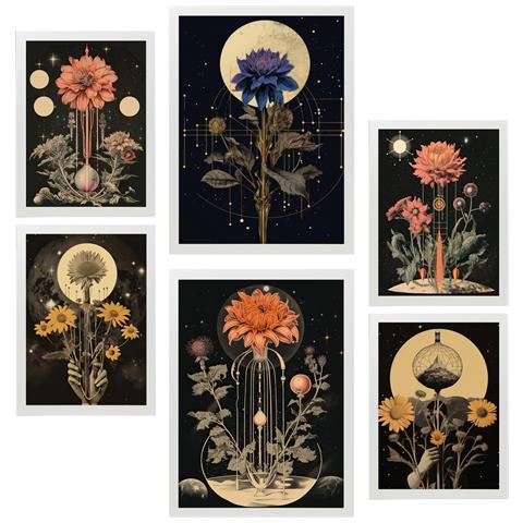 Set Di 6 Stampe Illustrazione Decorativa Di Pittura Surreale Collage In Mistico Esoterico Incorniciato Con Illustrazioni A3 & A4 Cornice Bianca - Foto 1