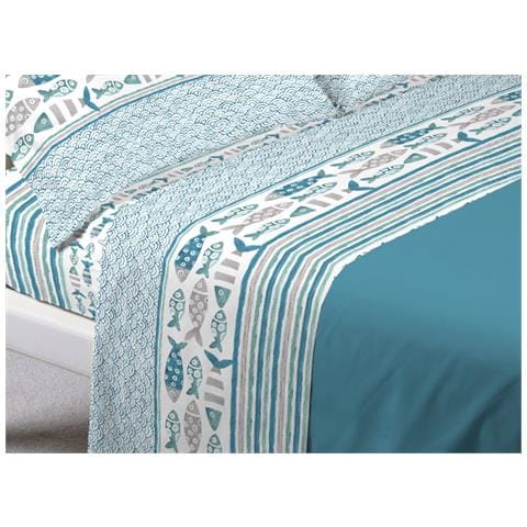 Completo Lenzuola Letto In 100% Cotone Made Italy Disegno Marino Pesci Singolo Azzurro - Foto 2