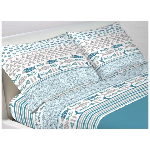 Completo Lenzuola Letto In 100% Cotone Made Italy Disegno Marino Pesci Singolo Azzurro - Foto 1