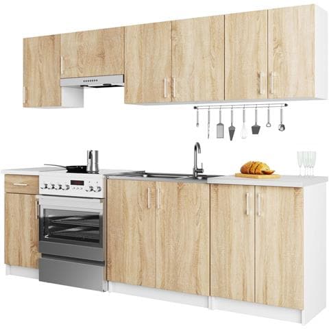 Set Armadi da Cucina LIMA, 7 Pezzi, 240x44,5x203 cm, Colore Bianco e Sonoma Quercia - Foto 2