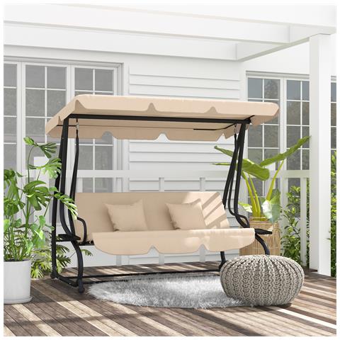 Dondolo Letto Da Giardino 3 Posti Con Tetto Regolabile E Vassoio, 200x120x164 Cm, Marrone Chiaro - Foto 2