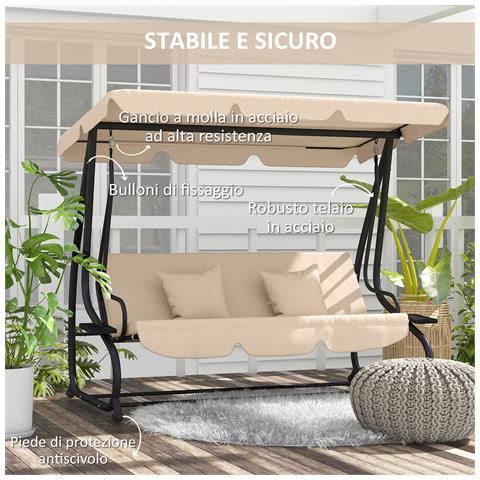 Dondolo Letto Da Giardino 3 Posti Con Tetto Regolabile E Vassoio, 200x120x164 Cm, Marrone Chiaro - Foto 6