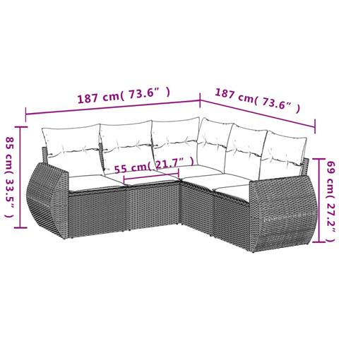 Set Divano Da Giardino 5 Pz Con Cuscini Grigio In Polyrattan - Foto 3