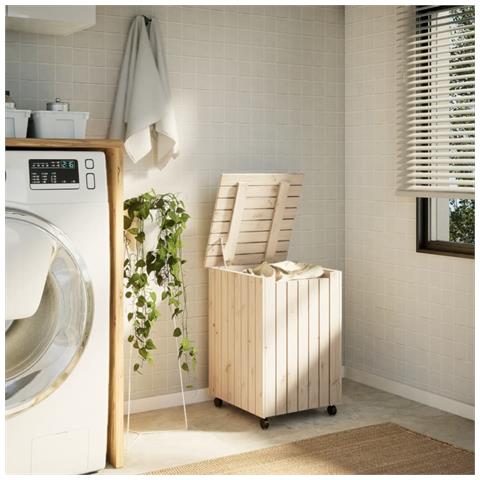 Cesta Biancheria Con Ruote Rana 45x45x64 Cm Legno Massello Pino - Foto 2