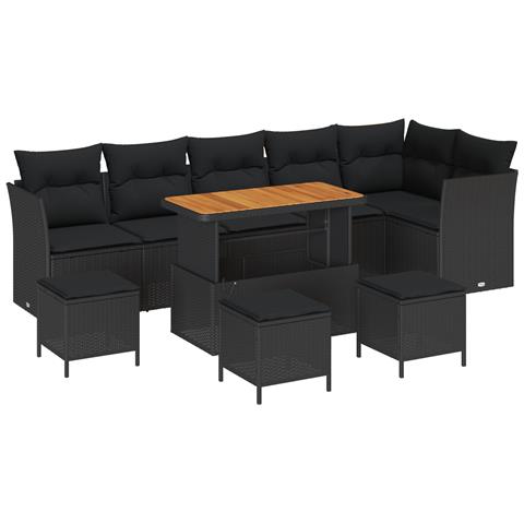 Set di divani da giardino da 10 pezzi con cuscini in polyrattan nero e acacia,  Set di pranzo da giardino da 4 pezzi con cuscini in polyrattan nero e acacia - Foto 1