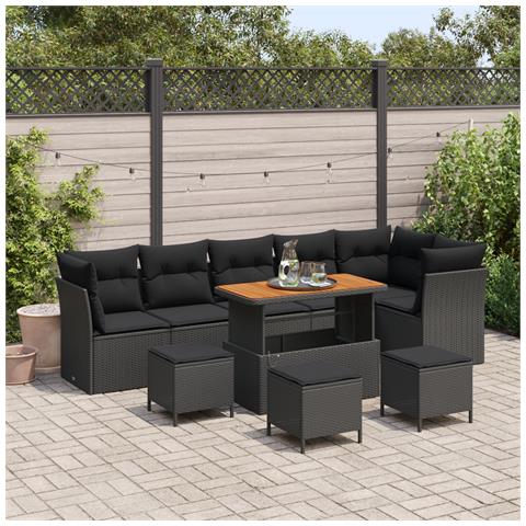 Set di divani da giardino da 10 pezzi con cuscini in polyrattan nero e acacia,  Set di pranzo da giardino da 4 pezzi con cuscini in polyrattan nero e acacia - Foto 2