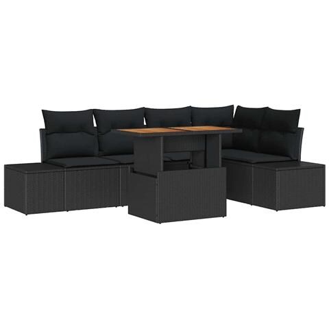 Set pranzo da giardino 6 pezzi con cuscini polyrattan nero e acacia - Foto 1