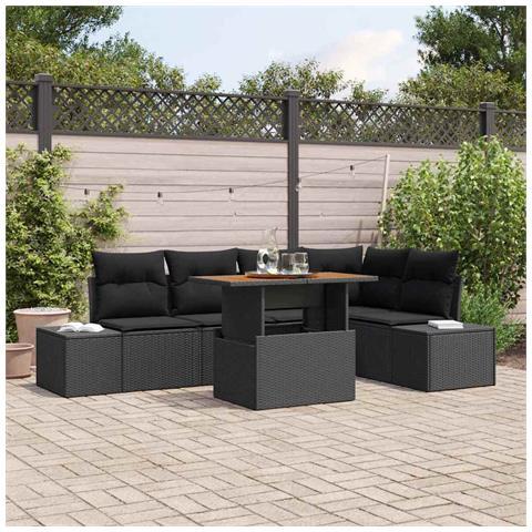 Set pranzo da giardino 6 pezzi con cuscini polyrattan nero e acacia - Foto 2
