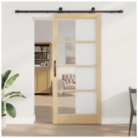 Porta scorrevole  con set di hardware 'ORKDAL'in legno massello e vetro, Porta interna  con vetro 'ORKDAL'93x211x4 cm in legno massello di pino - Foto 2