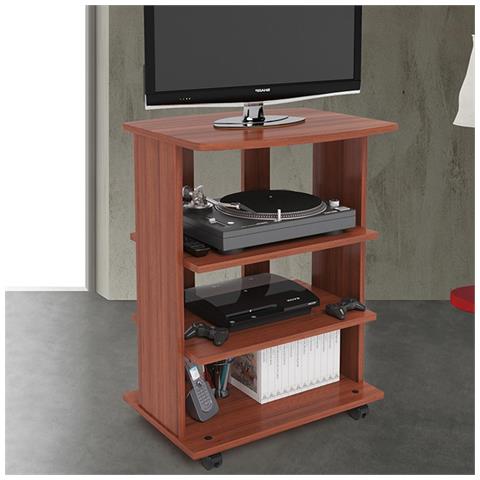 Mobile Tv In Legno Con 3 Ripiani E Ruote Mobiletto Carrello Televisore Ciliegio - Foto 2