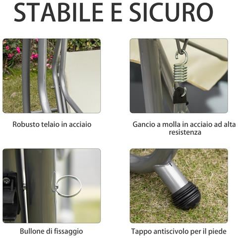 Dondolo Letto Da Giardino 3 Posti Con Tetto Regolabile E 2 Portabicchieri, 200x120x164 Cm, Crema - Foto 6