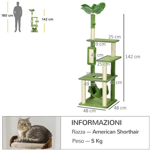 Albero Tiragraffi Per Gatti Con Amaca, Pallina E Tiragraffi In Sisal, 49x49x142cm, Verde - Foto 6