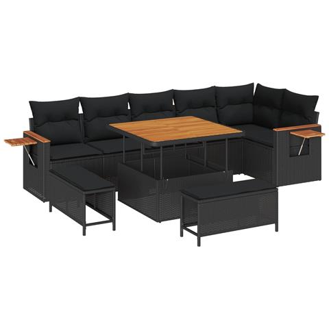 Set di Divano da Giardino con Cuscini 9 Pezzi Polyrattan Nero Acacia, Set da Pranzo da Giardino 3 Pezzi con Cuscini Polyrattan Nero Acacia - Foto 1