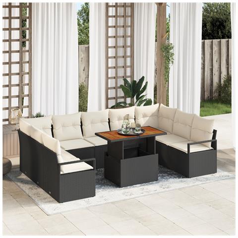 Set da Divano da Giardino  in 10 Pezzi con Cuscini Nero Rattan Polietilene Acacia, Divano da Giardino  per due persone con Cuscini Nero Rattan Polietilene - Foto 2