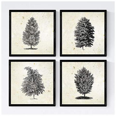 Set Di 4 Stampe Fogli Di Alberi Molto Fondosos Alberi Sfondo D'epoca Vecchia Carta Poster Di Carta E Gli Inchiostri Senza Cornice 20x20 Cm - Foto 1