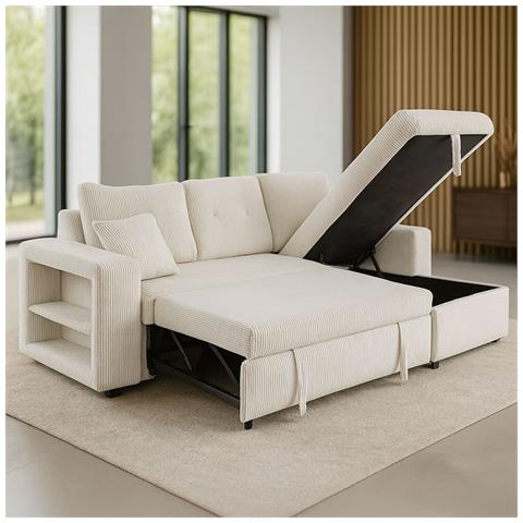 Glasgow Divano Angolare Trasformabile A 4 Posti Con Cassettiera In Velluto A Coste Beige - Foto 1