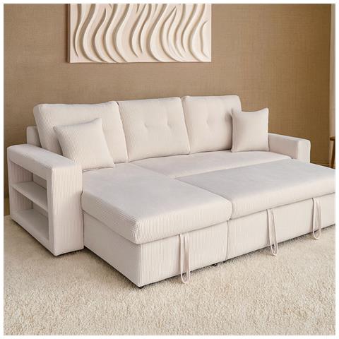 Glasgow Divano Angolare Trasformabile A 4 Posti Con Cassettiera In Velluto A Coste Beige - Foto 2