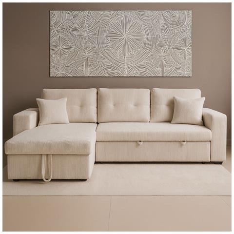 Glasgow Divano Angolare Trasformabile A 4 Posti Con Cassettiera In Velluto A Coste Beige - Foto 5