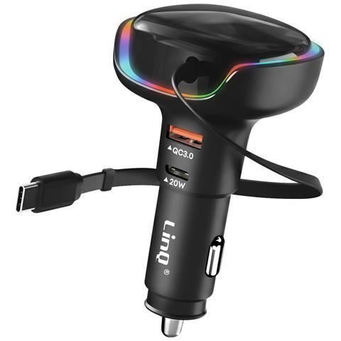 Caricatore Da Auto Usb-c 20w E Usb Qc 3.0 Con Anello Led E Cavo Di Tipo C 30w, Nero - Foto 1